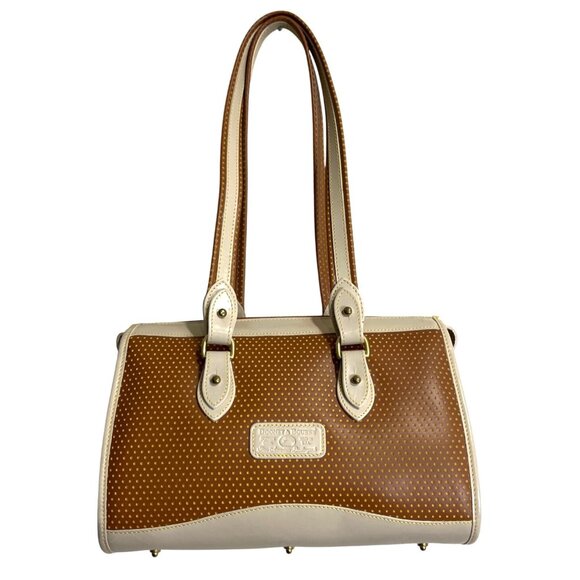 Dooney Bourke Cabrio Leather Perforated Leather Shoulder Bag Polka Dot Tan Beige - Picture 1 of 9